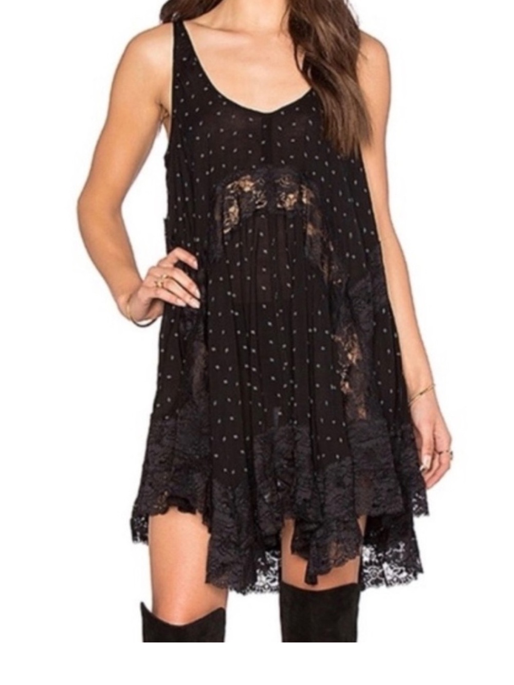Free People She Swings Mini Dress Black Lace-Trim Sleeveless